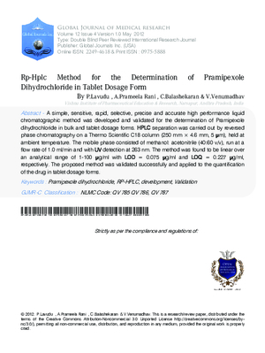 RP-HPLC Method For The Determination Of Pramipexole Dihydrochloride In Tablet Dosage Form