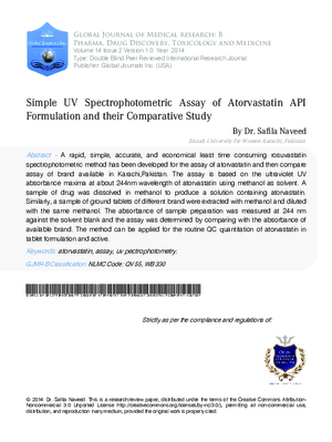 Simple UV Spectrophotometric Assay of Atorvastatin API Formulation and their Comparative Study