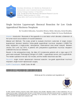 Single Incision Laparoscopic Ileocecal Resection for Low Grade Appendiceal Mucinous Neoplasm