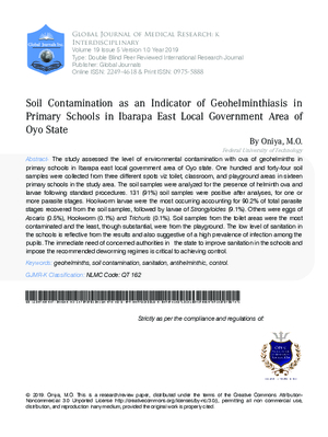 Soil Contamination as an Indicator of Geohelminthiasis in Primary Schools in Ibarapa East Local Government Area of Oyo State