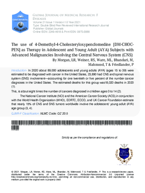 The use of 4-Demethyl-4-cholesteryloxypenclomedine [DM-CHOC-PEN] as Therapy in Adolescent and Young Adult (AYA) Subjects with Advanced Malignancies Involving the  Central Nervous System (CNS)