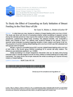To Study the Effect of Counseling on Early Initiation of Breast Feeding in the First Hour of Life