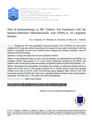 Trial of Immunotherapy in HIV Patients: Our Experience with the Immuno-Modulator Dithiodinicotinic Acid (CPDS) in 34 Congolese Patients