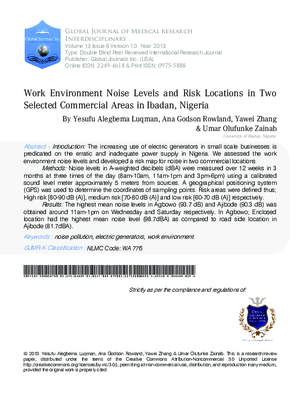 Work Environment Noise Levels and Risk Locations in Two Selected Commercial Areas in Ibadan, Nigeria