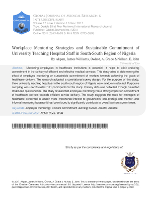 Workplace Mentoring Strategies and Sustainable Commitment of University Teaching Hospital Staff n South South Region Of Nigeria