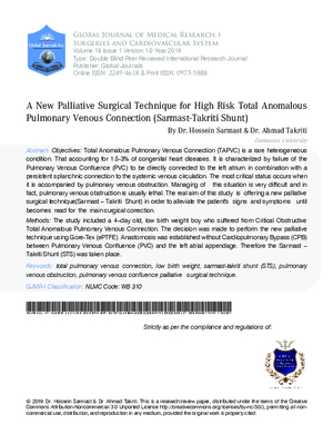 A New Palliative Surgical Technique for High Risk Total Anomalous Pulmonary Venous