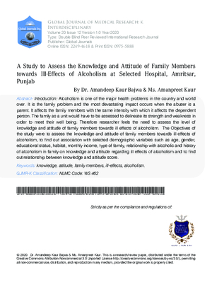 A Study to Assess the Knowledge and Attitude of Family Members towards Ill-Effects of Alcoholism at Selected Hospital, Amritsar, Punjab