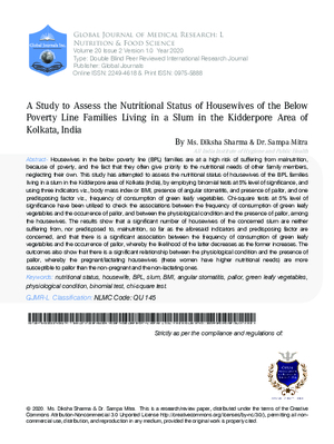 A Study to Assess the Nutritional Status of Housewives of the Below Poverty Line Families  Living in a Slum in the Kidderpore Area of Kolkata, India