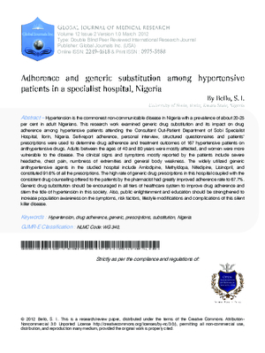 Adherence and generic substitution among hypertensive patients in a Specialist Hospital