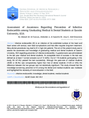 Assessment of Awareness Regarding Prevention of Infective Endocarditis among Graduating Medical 