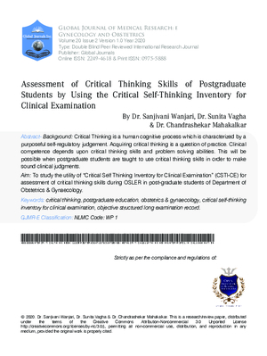 Assessment of Critical Thinking Skills of Postgraduate Students by using the Critical Self-Thinking Inventory for Clinical Examination