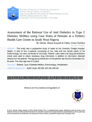 Assessment Of The Rational Use Of Anti Diabetics In Type 2 Diabetes Mellitus Using Case Notes Of Patients At A Tertiary Health Care Centre In South West Nigeria