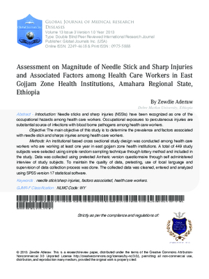 Assessment on Magnitude of Needle Stick and Sharp Injuries and Associated Factors among Health Care Workers in East Gojjam Zone Health Institutions, Amahara Regional State, Ethiopia