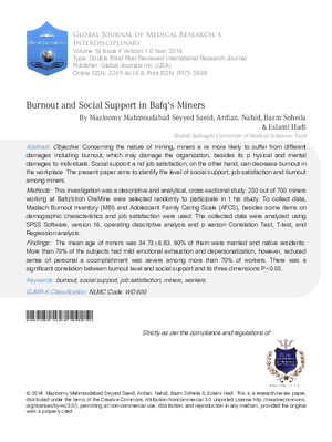 Burnout and Social Support in Bafqs Miners Burnout and Social Support