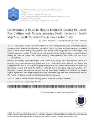Determinants of Delay in Malaria Treatment Seeking for Under-Five Children with Malaria Attending Health Centers of Bench-Maji Zone, South-Western Ethiopia. Case-Control Study