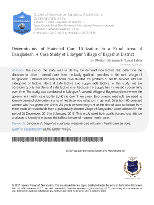 Determinants of Maternal Care Utilization in a Rural Area of Bangladesh: A Case Study of Udaypur Village of Bagerhat District