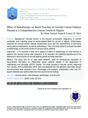 Effect of Radiotherapy on Renal Function in Cervical Cancer Patients Treated at a  Comprehensive Cancer Centre in Nigeria