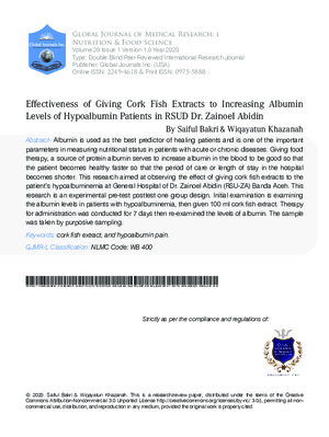 Effectiveness of Giving Cork Fish Extracts to Increasing Albumin Levels of Hypoalbumin Patients in RSUD Dr. Zainoel Abidin