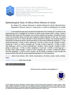 Epidemiological Study of African Horse Sickness in Sudan
