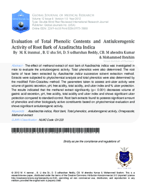 Evaluation of total phenolic contents and antiulcerogenic activity of root bark of Azadirachta indica