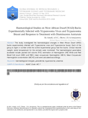 Haematological Studies on West African Dwarf (WAD) Bucks Experimentally Infected with Trypanosoma Vivax and Trypanosoma Brucei and Response to Treatment with Diaminazene Aceturate