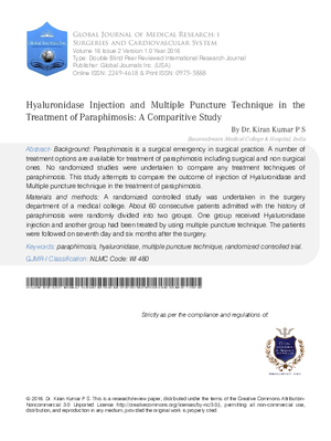 Hyaluronidase Injection and Multiple Puncture Technique in the Treatment of Paraphimosis: A Comparitive Study