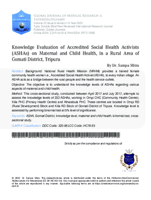 Knowledge Evaluation of Accredited Social Health Activists (Ashas) on Maternal and Child Health, in a Rural Area of Gomati District, Tripura