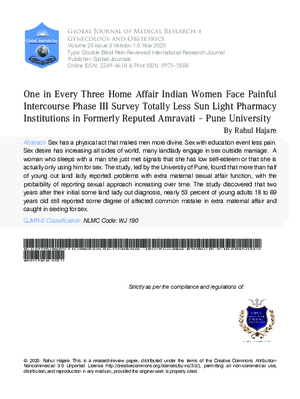 One in Every Three Home Affair Indian Women Face Painful Intercourse Phase III Survey Totally Less Sun Light Pharmacy Institutions in Formerly Reputed Amravati 2013;Pune University
