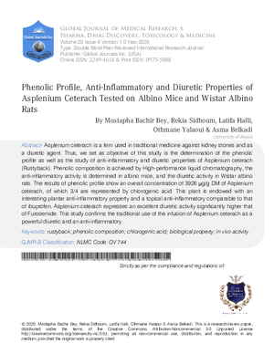 Phenolic Profile, Anti-Inflammatory and Diuretic Properties of Asplenium Ceterach Tested on Albino Mice and Wistar Albino Rats