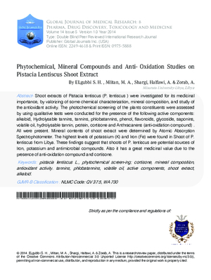 Phytochemical, Mineral Compounds and Anti-Oxidation Studies on Pistacia Lentiscus Shoot Extract