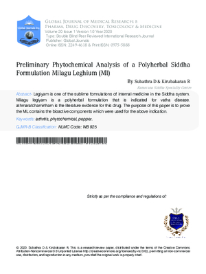 Preliminary Phytochemical Analysis of a Polyherbal Siddha Formulation  - Milagu Leghium (Ml)