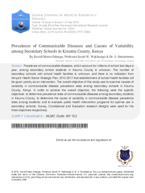Prevalence of Communicable Diseases and Causes of Variability Among Secondary Schools in Kisumu County, Kenya