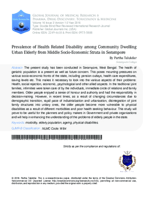 Prevalence of Health Related Disability among Community Dwelling Urban Elderly from Middle Socio-Economic Strata in Serampore