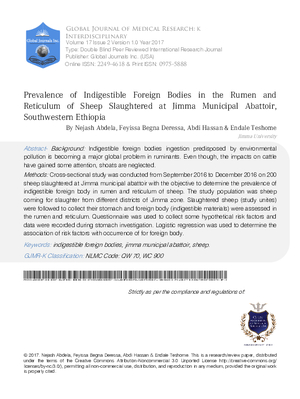 Prevalence of Indigestible Foreign Bodies in the Rumen and Reticulum of Sheep Slaughtered at Jimma Municipal Abattoir, Southwestern Ethiopia