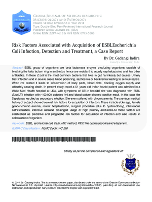 Risk Factors Associated with Acquisition of ESBL Escherichia Coli Infection, Detection and Treatment, a Case Report