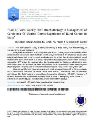 Role of Twice Weekly HDR- Brachytherapy in Management of Carcinoma of Uterine Cervix a Experience of Rural Centre in India