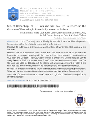 Size of Hemorrhage on CT Scan and GC Scale use to Determine the Outcome of Hemorrhagic Stroke in Hypertensive Patients