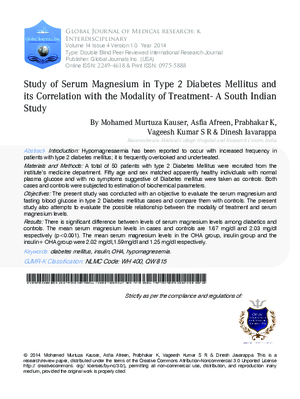Study of Serum Magnesium in Type 2 Diabetes Mellitus and its Correlation With the Modality of Treatment- A South Indian Study