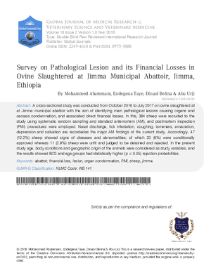 Survey on Pathological Lesion and its Financial Losses in Ovine Slaughtered at Jimma Municipal Abattoir, Jimma, Ethiopia