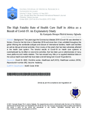 The High Fatality Rate of Health Care Staff in Africa as a Result of Covid-19: An Explanatory Study