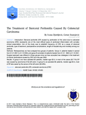 The Treatment of Stercoral Peritonitis Caused By Colorectal Carcinoma
