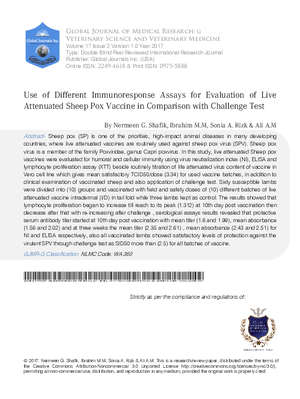 Use of Different Immunoresponse Assays for Evaluation of Live Attenuated Sheep Pox Vaccine in Comparison with Challenge Test
