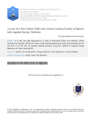 A Case of a Non-Verbal Child With Autism Gaining Faculty of Speech with Applied Energy Medicine