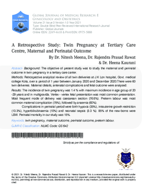 A Retrospective Study: Twin Pregnancy at Tertiary Care Center, Maternal and Perinatal Outcome