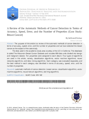 A Review of the Automatic Methods of Cancer Detection in Terms of Accuracy, Speed, Error, and the Number of Properties (Case Study: Breast Cancer)
