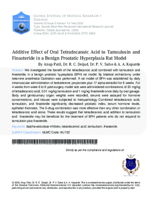 Additive Effect of Oral Tetradecanoic Acid to Tamsulosin and Finasteride in a Benign Prostatic Hyperplasia Rat Model