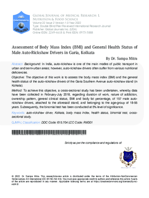 Assessment of Body Mass Index (BMI) and General Health Status of Male Auto-Rickshaw Drivers in Garia, Kolkata