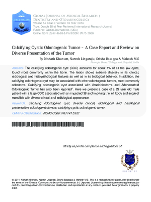 Calcifying Cystic Odontogenic Tumor a A Case Report and Review on Diverse Presentation of the Tumor