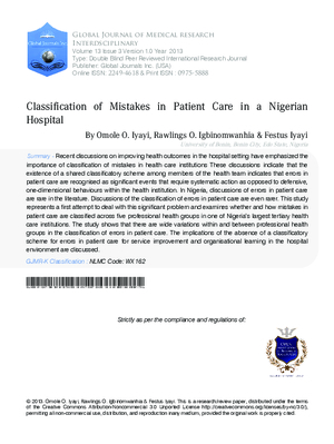 Classification of Mistakes in Patient Care in a Nigerian Hospital