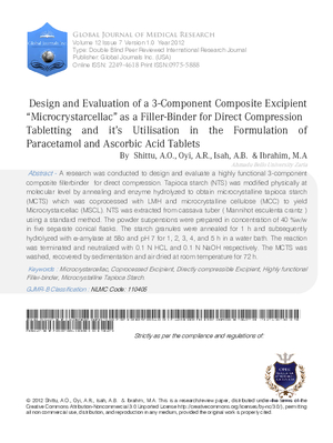 Design and Evaluation of a 3-Component Composite Excipient aoMicrocrystarcellaca as a Filler-Binder for Direct Compression Tabletting and its Utilisation in the Formulation of Paracetamol And Ascor